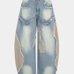 Denim Patchwork Frayed Rivets Barrel Leg Jeans – Wrena