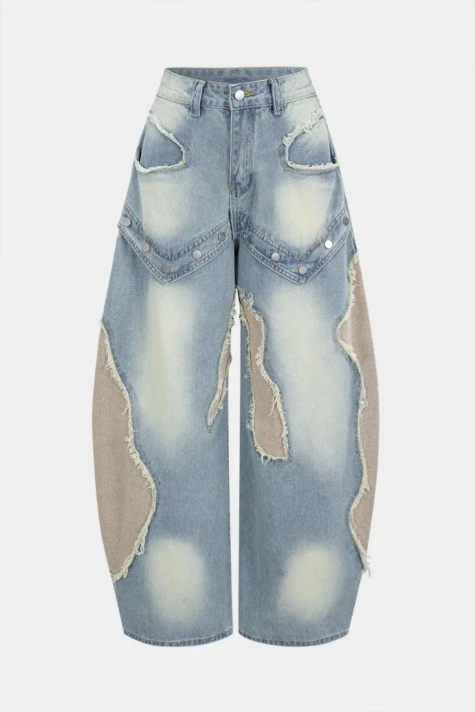 Denim Patchwork Frayed Rivets Barrel Leg Jeans