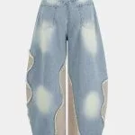 Denim Patchwork Frayed Rivets Barrel Leg Jeans – Wrena