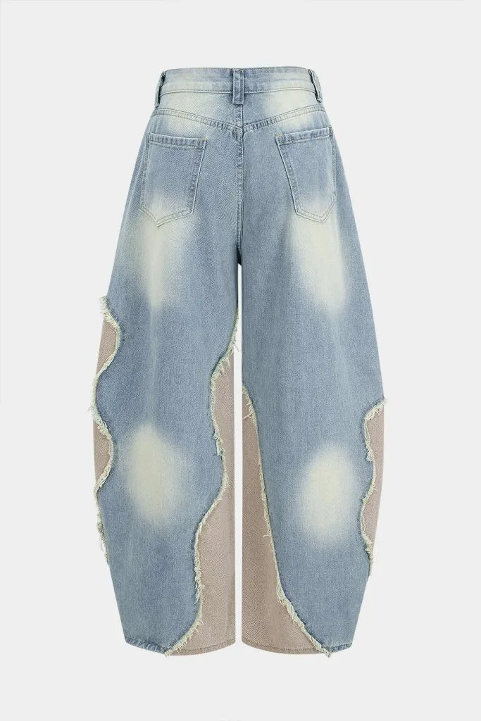 Denim Patchwork Frayed Rivets Barrel Leg Jeans – Wrena