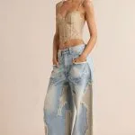 Denim Patchwork Frayed Rivets Barrel Leg Jeans – Wrena