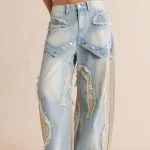 Denim Patchwork Frayed Rivets Barrel Leg Jeans – Wrena