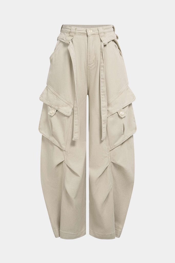 Denim Pocket Belted Wide Leg Jeans