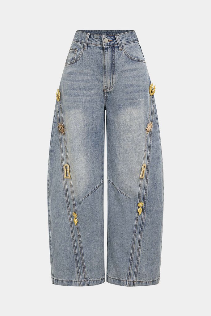 Denim Metallic Decor Wide Leg Jeans