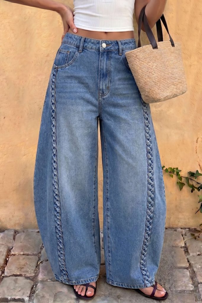 Denim Braided Pocket Zipper Barrel Jeans