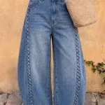 Denim Braided Pocket Zipper Barrel Jeans – Wrena