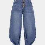 Denim Irregular Metallic Button Pocket Barrel Leg Jeans – Wrena