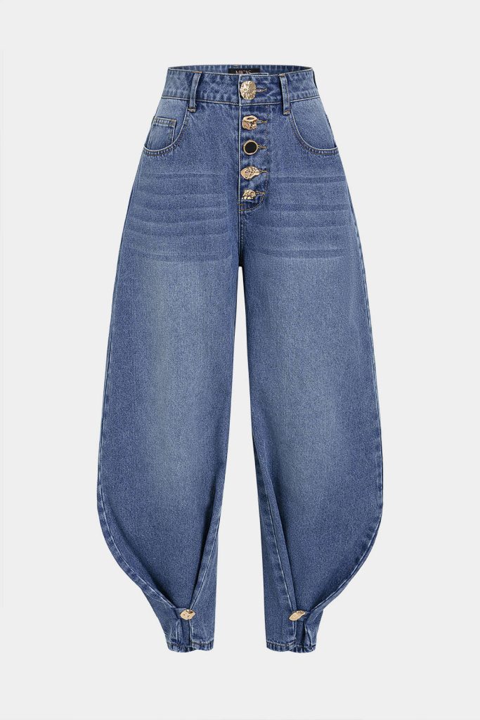 Denim Irregular Metallic Button Pocket Barrel Leg Jeans