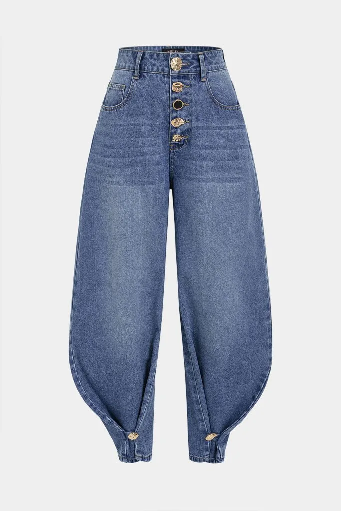 Denim Irregular Metallic Button Pocket Barrel Leg Jeans