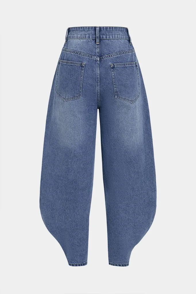 Denim Irregular Metallic Button Pocket Barrel Leg Jeans – Wrena