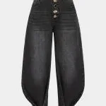 Denim Irregular Metallic Button Pocket Barrel Leg Jeans – Wrena