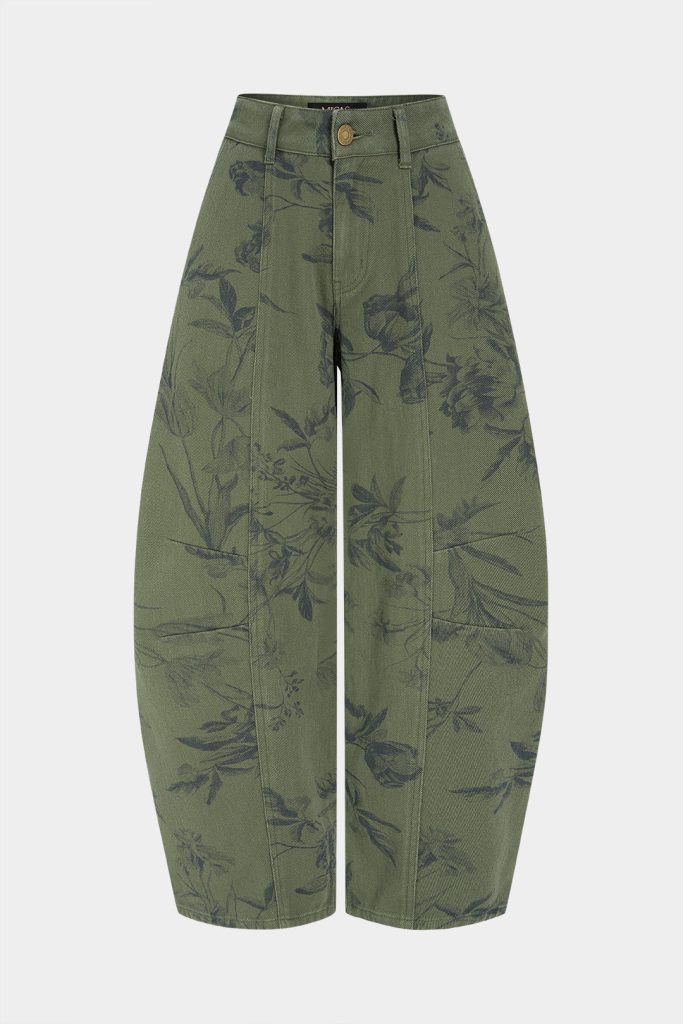 Denim Leaves Print Pocket Jeans