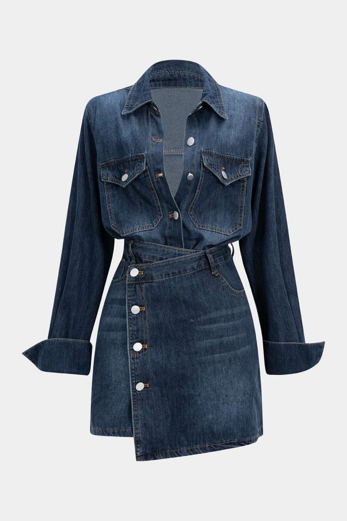 Denim Button Long-Sleeve Top And High Waist Mini Skirt Set