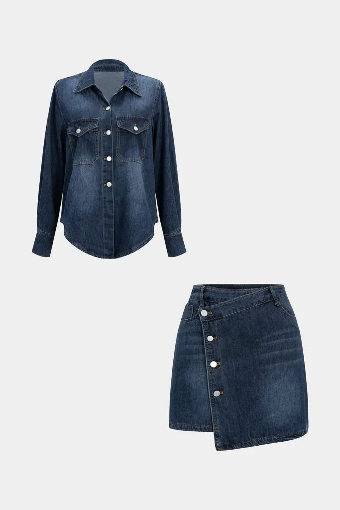 Denim Button Long-Sleeve Top And High Waist Mini Skirt Set – Wrena