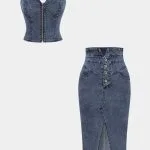 Denim Zipper Cami Top And Pocket Button Skirt Set – Wrena