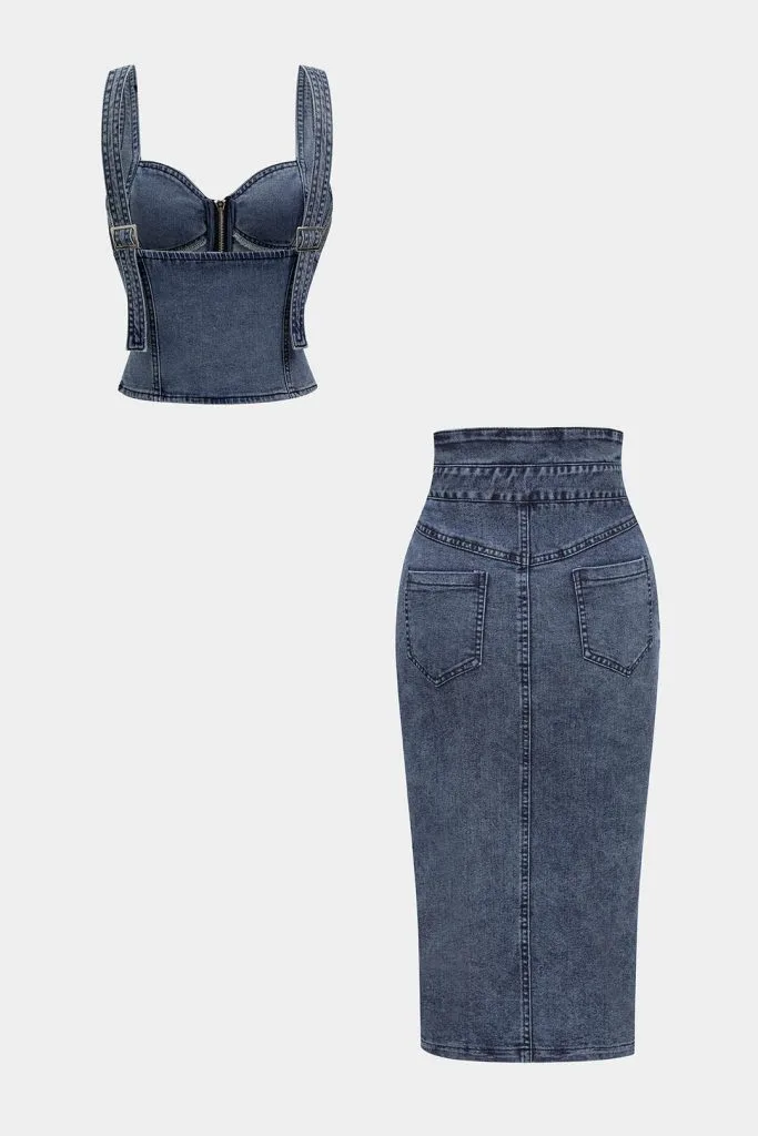 Denim Zipper Cami Top And Pocket Button Skirt Set – Wrena