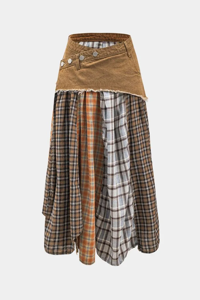 Color Block Plaid Print Denim Patchwork Asymmetrical Skirt – Wrena