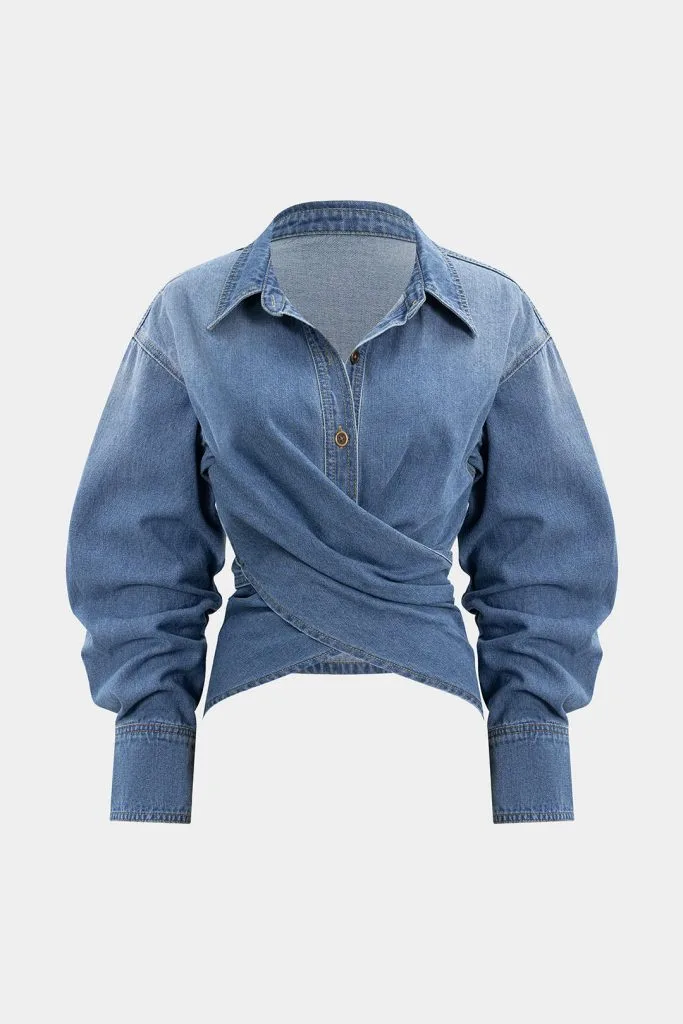 Denim Ruched Crossed Outerwear – Wrena
