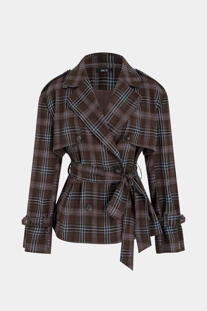 Plaid Print Belted Button Jacket