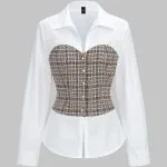 Tweed Plaid Print Patchwork Button Long-Sleeve Top – Wrena