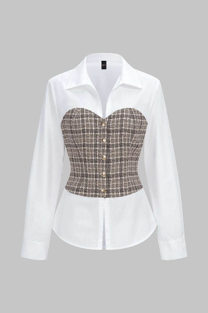 Tweed Plaid Print Patchwork Button Long-Sleeve Top