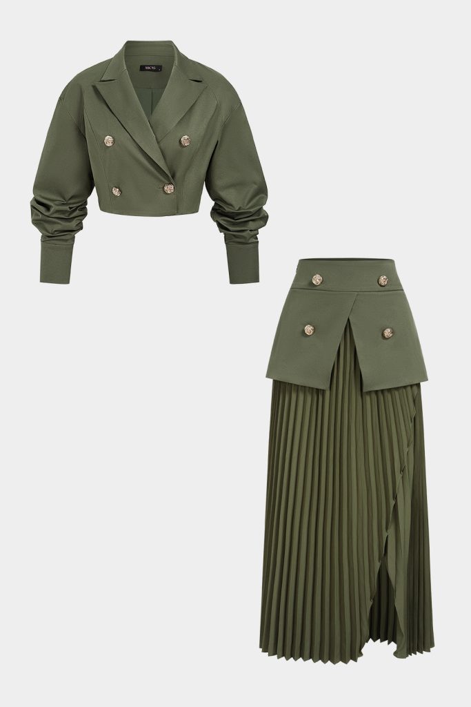 Double-Breasted Long Sleeve Blazer And Asymmetrical Pleated Skirt Set