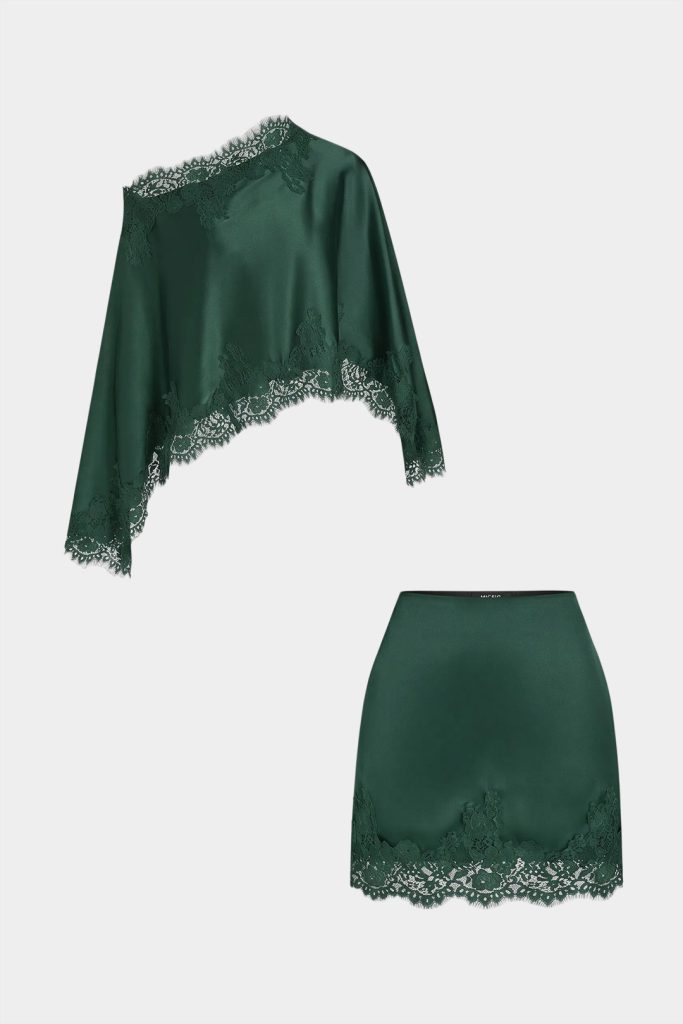 Patchwork Lace Trim One Shoulder Top And MIni Skirt Set