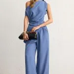 Solid One Shoulder Ruched Asymmetrical Tank Top And Wide Leg Pants Set – Wrena