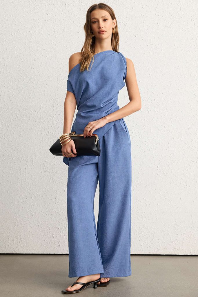 Solid One Shoulder Ruched Asymmetrical Tank Top And Wide Leg Pants Set