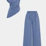 Solid One Shoulder Ruched Asymmetrical Tank Top And Wide Leg Pants Set – Wrena