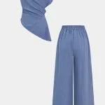 Solid One Shoulder Ruched Asymmetrical Tank Top And Wide Leg Pants Set – Wrena