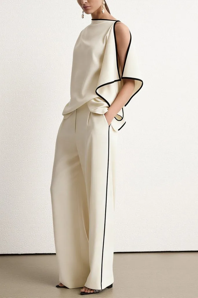Contrast Binding Asymmetrical Tank Top And Straight Leg Pants – Wrena