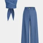 Linen Round Neck Back Crossed Tank Top And Button Wide Leg Pants Set – Wrena