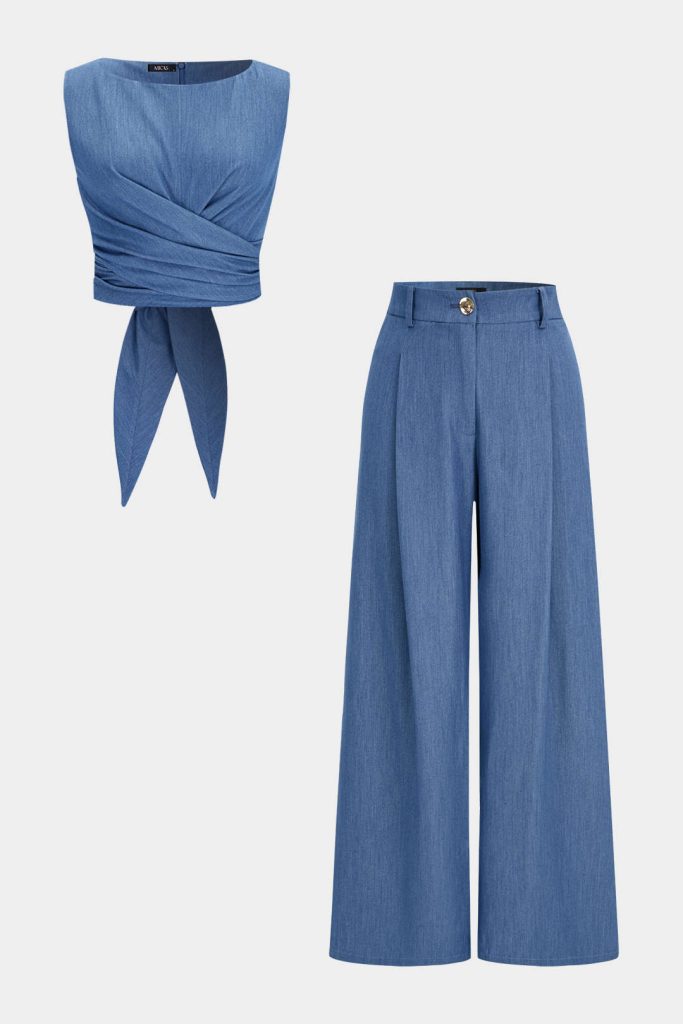 Linen Round Neck Back Crossed Tank Top And Button Wide Leg Pants Set