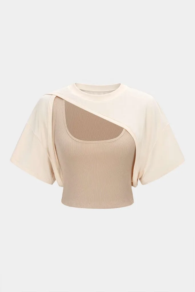 Contrast Asymmetrical Round Neck Two-Piece Short Sleeve Top – Wrena