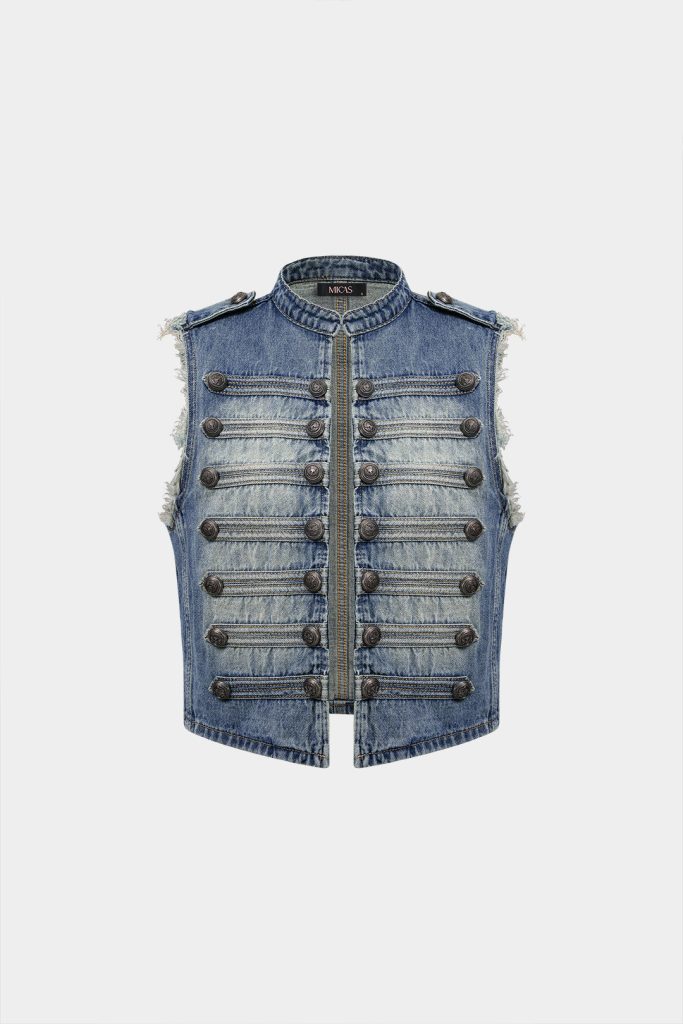 Denim Napoleon Button Frayed Vest