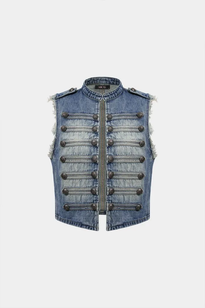 Denim Napoleon Button Frayed Vest – Wrena
