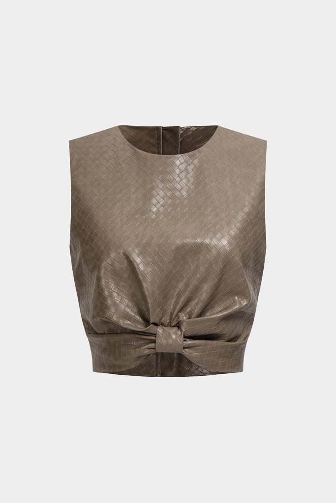 Textured Faux Leather Bow Ruched Tank Top