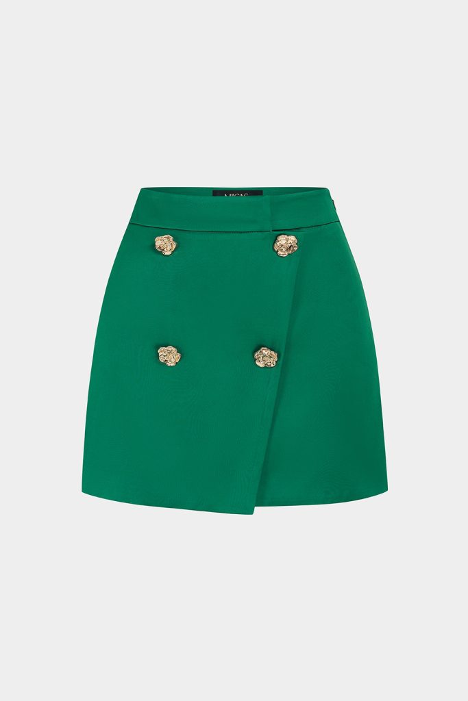 Satin Metallic Button Wrap Mini Skirt