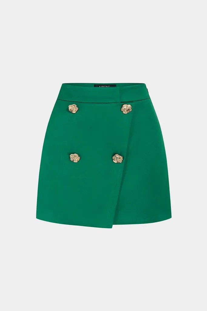 Satin Metallic Button Wrap Mini Skirt – Wrena
