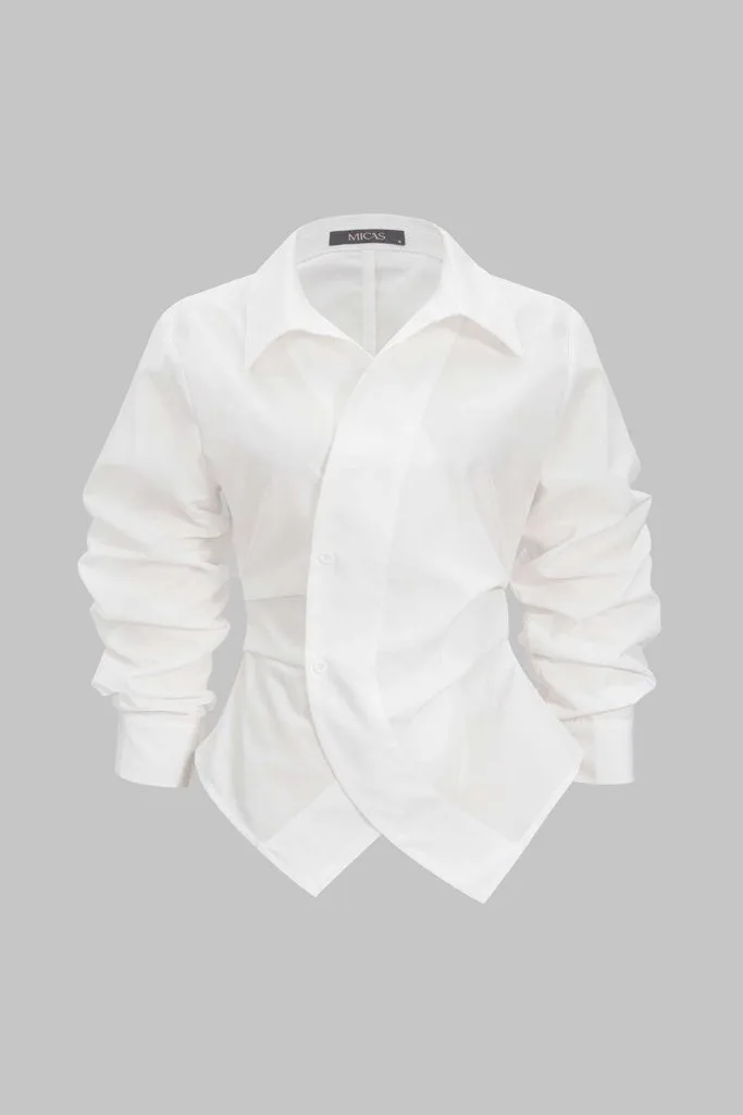Button Irregular Ruched Long-Sleeve Shirt – Wrena