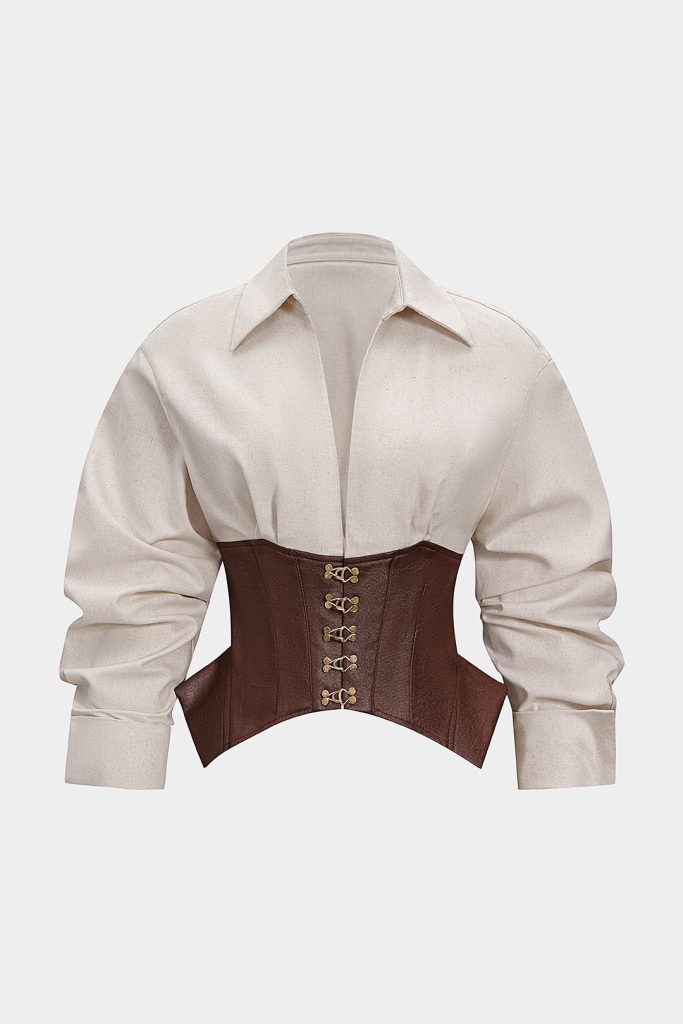 Linen Patchwork Metallic Buckle Long-Sleeve Shirt