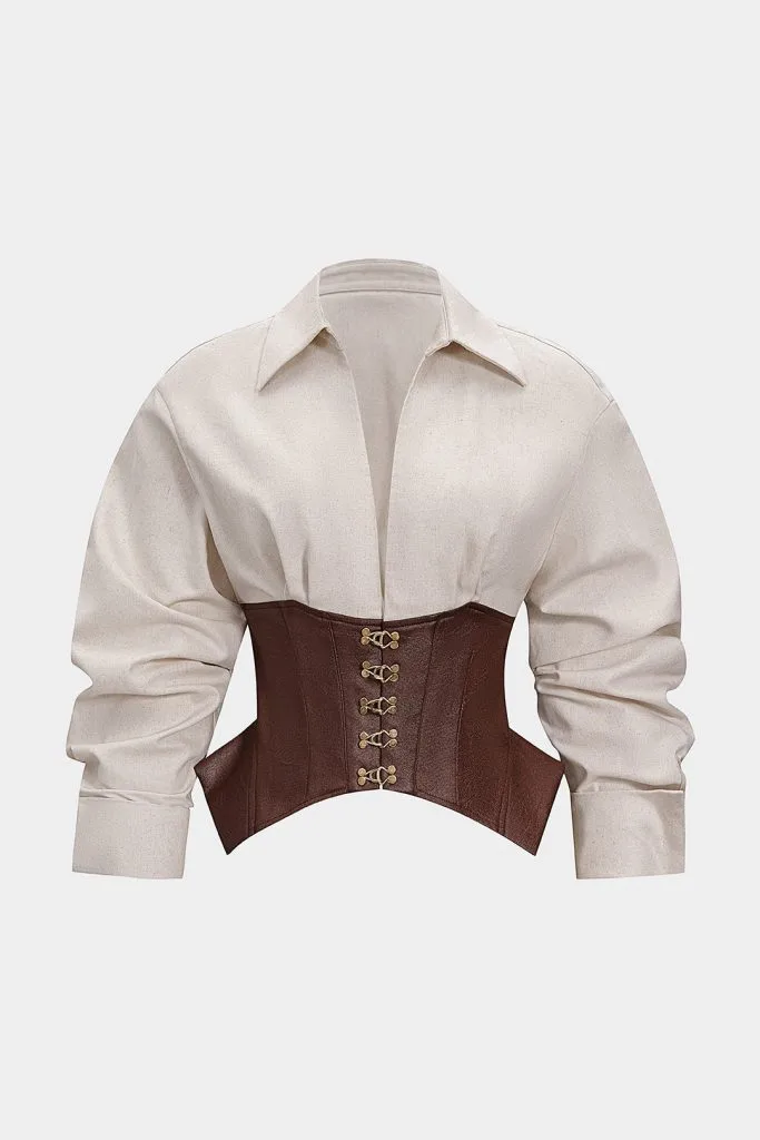 Linen Patchwork Metallic Buckle Long-Sleeve Shirt – Wrena