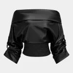 Faux Leather Quilted Patchwork Off Shoulder Long-Sleeve Shirt – Wrena