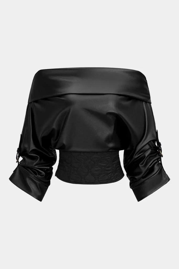 Faux Leather Quilted Patchwork Off Shoulder Long-Sleeve Shirt – Wrena