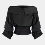 Faux Leather Quilted Patchwork Off Shoulder Long-Sleeve Shirt – Wrena