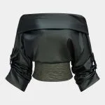 Faux Leather Quilted Patchwork Off Shoulder Long-Sleeve Shirt – Wrena
