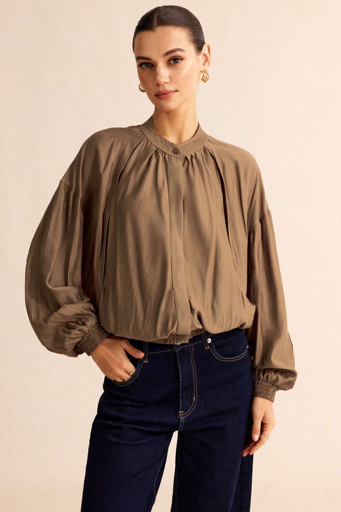 Round Neck Ruched Button Long-Sleeve Shirt