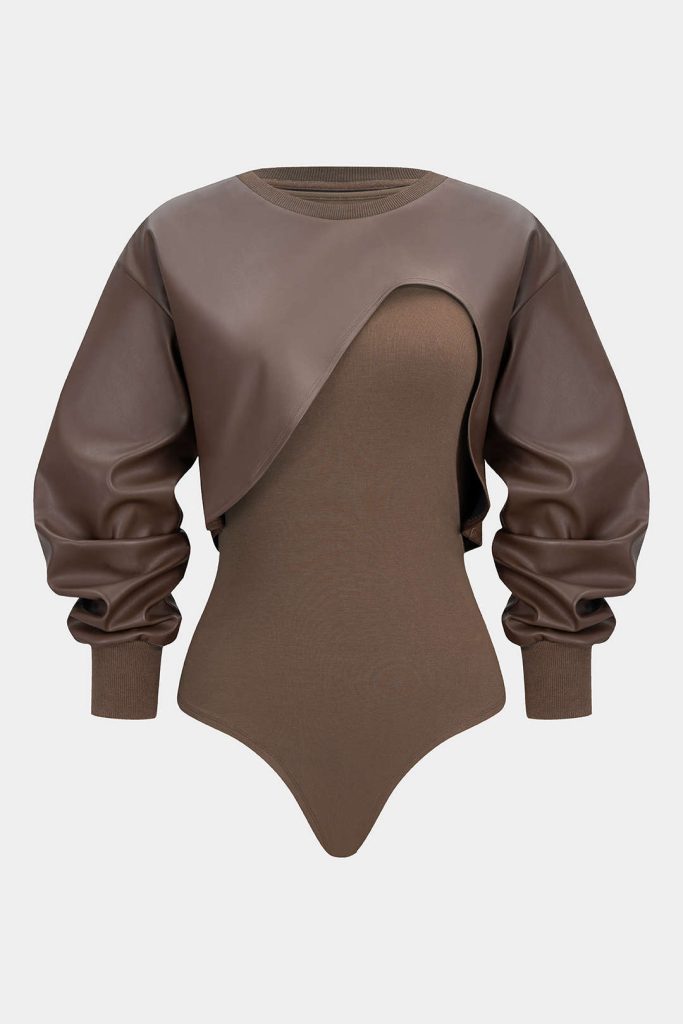 Faux Leather Patchwork Round Neck Asymmetrical Long Sleeve Bodysuit