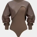 Faux Leather Patchwork Round Neck Asymmetrical Long Sleeve Bodysuit – Wrena